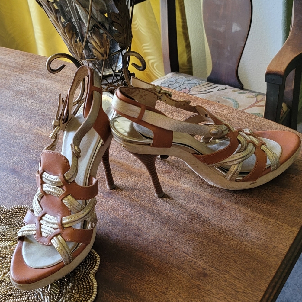 Michael Kors MK high Heeled Sandals Brown Leather Gold Size 7.5